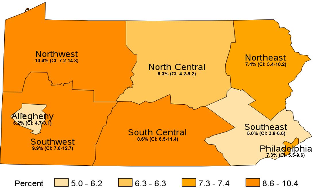 Ever Told They Have COPD, Emphysema or Chronic Bronchitis, Pennsylvania Health Districts, 2019